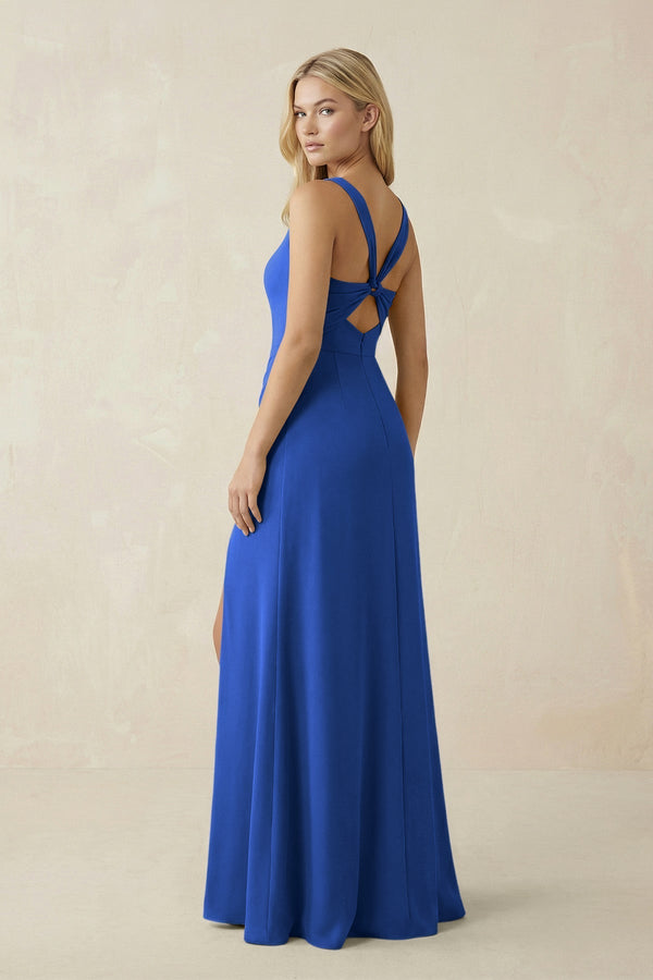 Square Neck Ruched Sheath Satin Bridesmaid Dress in Royal Blue - KissProm Bridesmaid Dresses