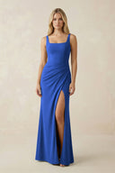 Square Neck Ruched Sheath Satin Bridesmaid Dress in Royal Blue - KissProm Bridesmaid Dresses