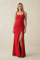 Square Neck Ruched Sheath Satin Bridesmaid Dress in Ruby Red - KissProm Bridesmaid Dresses