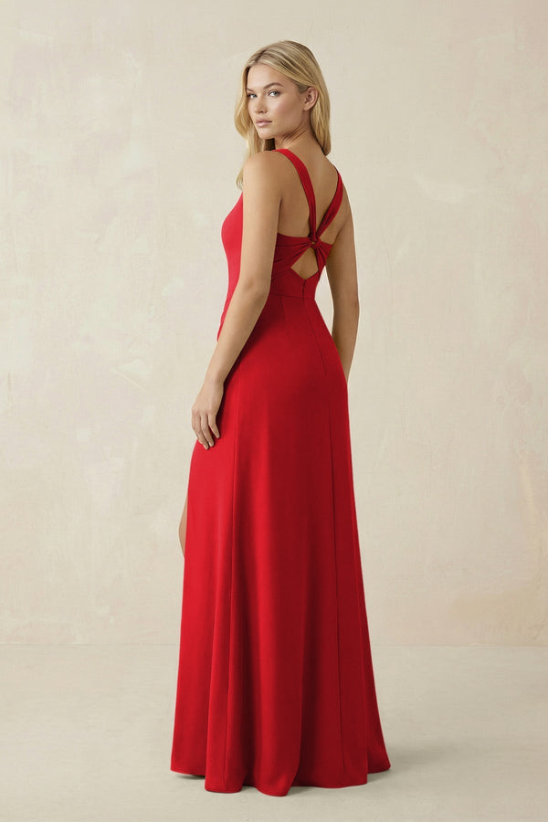 Square Neck Ruched Sheath Satin Bridesmaid Dress in Ruby Red - KissProm Bridesmaid Dresses