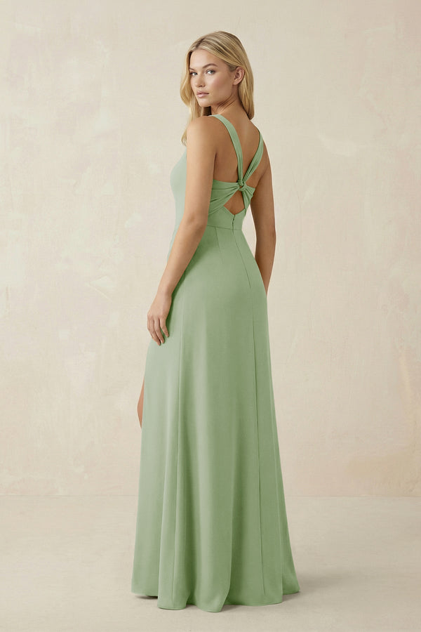 Square Neck Ruched Sheath Satin Bridesmaid Dress in Sage - KissProm Bridesmaid Dresses
