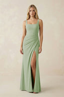 Square Neck Ruched Sheath Satin Bridesmaid Dress in Sage - KissProm Bridesmaid Dresses