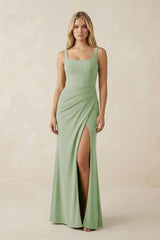 Square Neck Ruched Sheath Satin Bridesmaid Dress in Sage - KissProm Bridesmaid Dresses