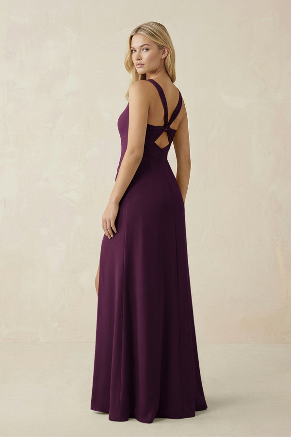 Square Neck Ruched Sheath Satin Bridesmaid Dress in Sangria - KissProm Bridesmaid Dresses