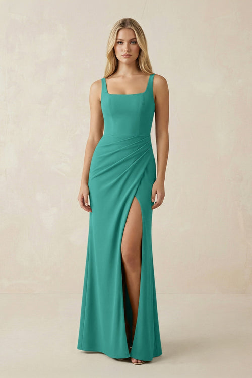 Square Neck Ruched Sheath Satin Bridesmaid Dress in Sea Glass - KissProm Bridesmaid Dresses