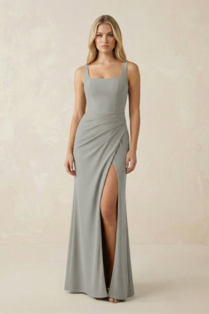 Square Neck Ruched Sheath Satin Bridesmaid Dress in Silver - KissProm Bridesmaid Dresses