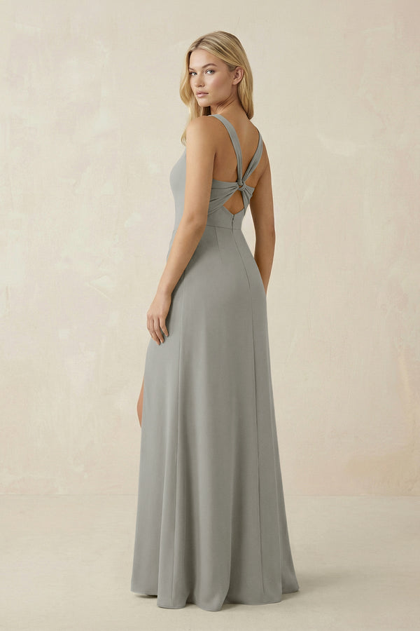 Square Neck Ruched Sheath Satin Bridesmaid Dress in Silver - KissProm Bridesmaid Dresses