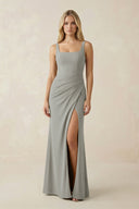 Square Neck Ruched Sheath Satin Bridesmaid Dress in Silver - KissProm Bridesmaid Dresses