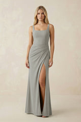 Square Neck Ruched Sheath Satin Bridesmaid Dress in Silver - KissProm Bridesmaid Dresses