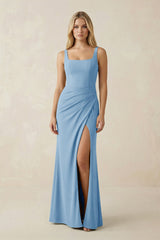 Square Neck Ruched Sheath Satin Bridesmaid Dress in Sky Blue - KissProm Bridesmaid Dresses