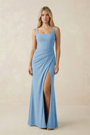 Square Neck Ruched Sheath Satin Bridesmaid Dress in Sky Blue - KissProm Bridesmaid Dresses