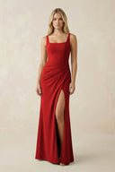 Square Neck Ruched Sheath Satin Bridesmaid Dress in Spice - KissProm Bridesmaid Dresses