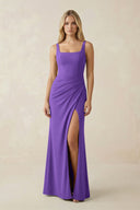 Square Neck Ruched Sheath Satin Bridesmaid Dress in Tahiti - KissProm Bridesmaid Dresses