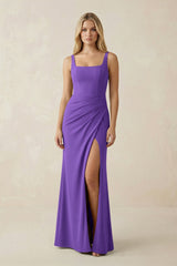 Square Neck Ruched Sheath Satin Bridesmaid Dress in Tahiti - KissProm Bridesmaid Dresses
