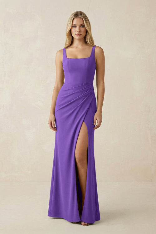 Square Neck Ruched Sheath Satin Bridesmaid Dress in Tahiti - KissProm Bridesmaid Dresses
