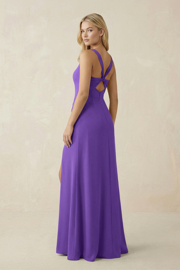 Square Neck Ruched Sheath Satin Bridesmaid Dress in Tahiti - KissProm Bridesmaid Dresses