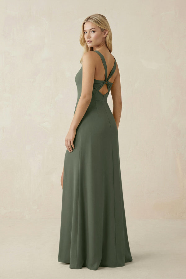 Square Neck Ruched Sheath Satin Bridesmaid Dress in Thyme - KissProm Bridesmaid Dresses