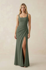 Square Neck Ruched Sheath Satin Bridesmaid Dress in Thyme - KissProm Bridesmaid Dresses