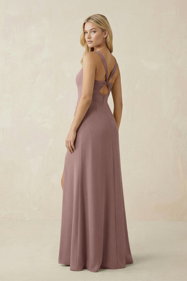 Square Neck Ruched Sheath Satin Bridesmaid Dress in Toffee - KissProm Bridesmaid Dresses