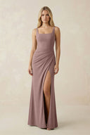 Square Neck Ruched Sheath Satin Bridesmaid Dress in Toffee - KissProm Bridesmaid Dresses