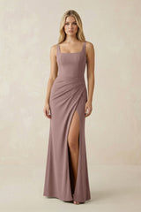 Square Neck Ruched Sheath Satin Bridesmaid Dress in Toffee - KissProm Bridesmaid Dresses
