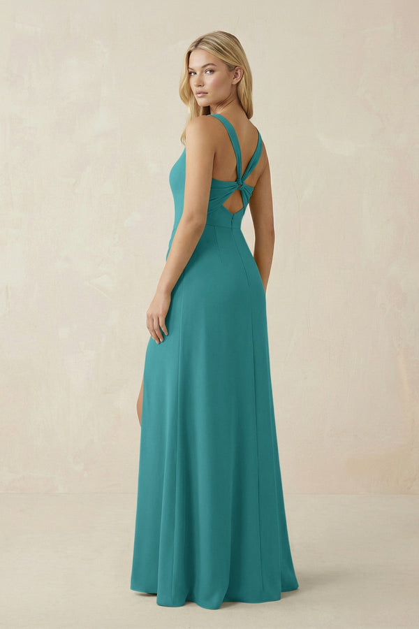 Square Neck Ruched Sheath Satin Bridesmaid Dress in Turquoise - KissProm Bridesmaid Dresses