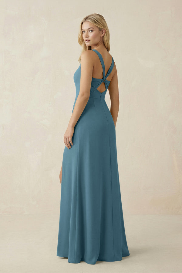 Square Neck Ruched Sheath Satin Bridesmaid Dress in Twilight - KissProm Bridesmaid Dresses