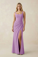 Square Neck Ruched Sheath Satin Bridesmaid Dress in Vintage Mauve - KissProm Bridesmaid Dresses