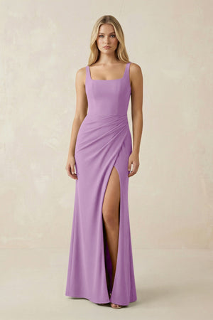 Square Neck Ruched Sheath Satin Bridesmaid Dress in Vintage Mauve - KissProm Bridesmaid Dresses