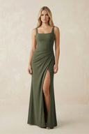 Square Neck Ruched Sheath Satin Bridesmaid Dress in Willow Green - KissProm Bridesmaid Dresses