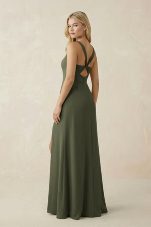Square Neck Ruched Sheath Satin Bridesmaid Dress in Willow Green - KissProm Bridesmaid Dresses