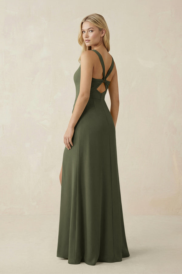 Square Neck Ruched Sheath Satin Bridesmaid Dress in Willow Green - KissProm Bridesmaid Dresses
