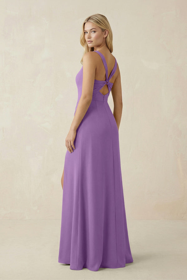 Square Neck Ruched Sheath Satin Bridesmaid Dress in Wisteria - KissProm Bridesmaid Dresses