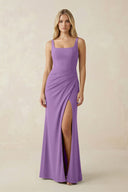 Square Neck Ruched Sheath Satin Bridesmaid Dress in Wisteria - KissProm Bridesmaid Dresses