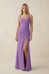 Square Neck Ruched Sheath Satin Bridesmaid Dress in Wisteria - KissProm Bridesmaid Dresses