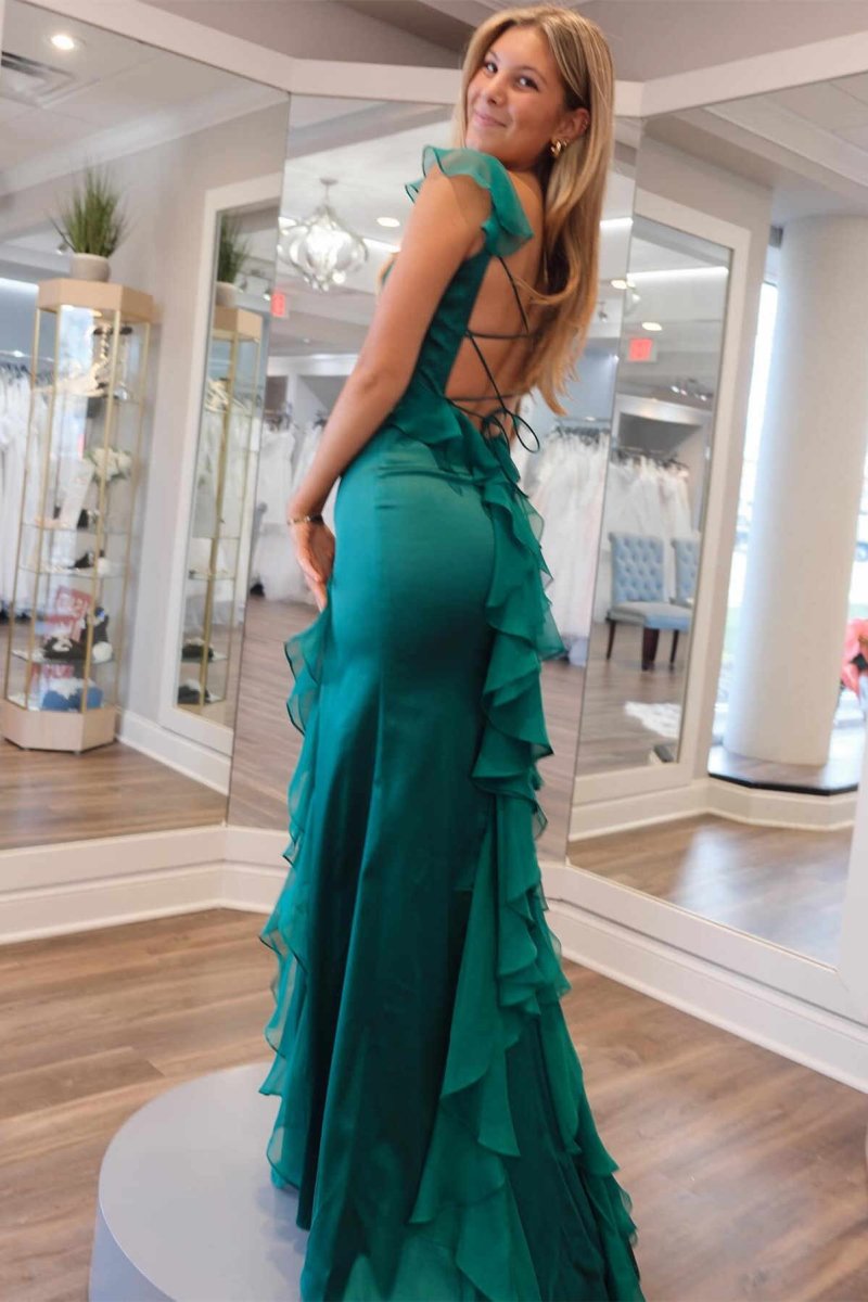 Emerald Green Square Neck Ruffle Slit Prom Dress, Emerald / 4 Emerald Green Square Neck Ruffle Slit Prom Dress, Emerald / 4