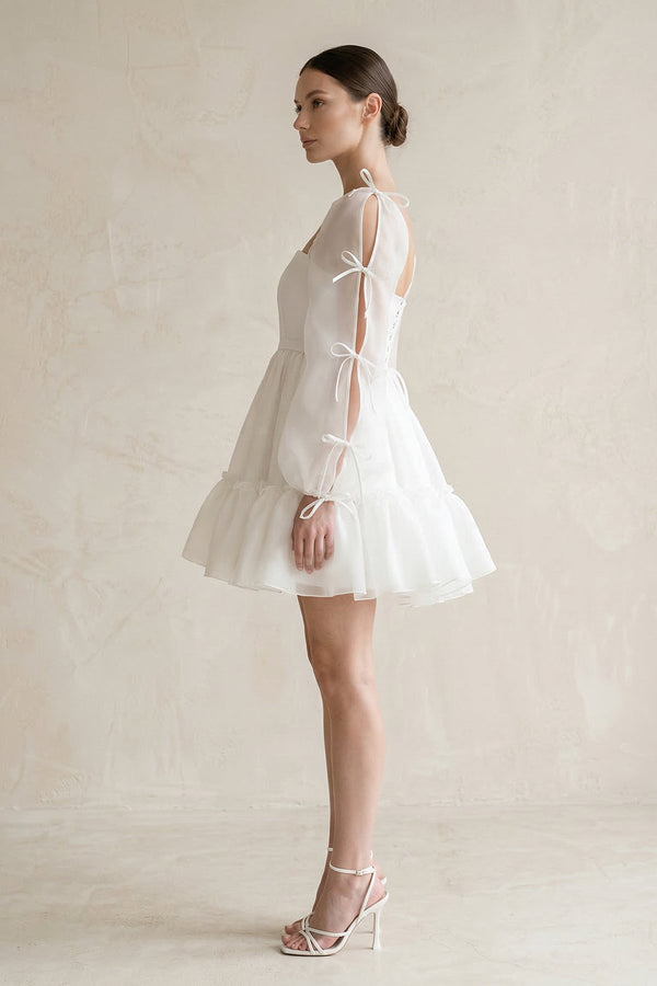Square Neck Ruffled A - Line Long Sleeves Tulle Wedding Dress in White - KissProm Wedding Dresses
