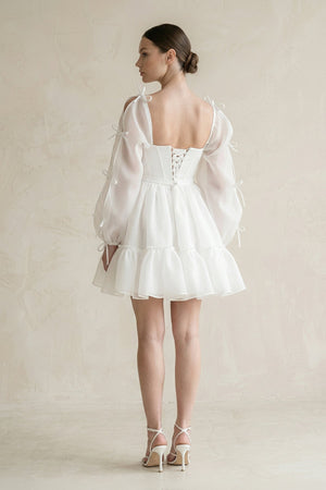 Square Neck Ruffled A - Line Long Sleeves Tulle Wedding Dress in White - KissProm Wedding Dresses