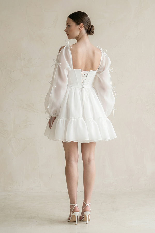 Square Neck Ruffled A - Line Long Sleeves Tulle Wedding Dress in White - KissProm Wedding Dresses