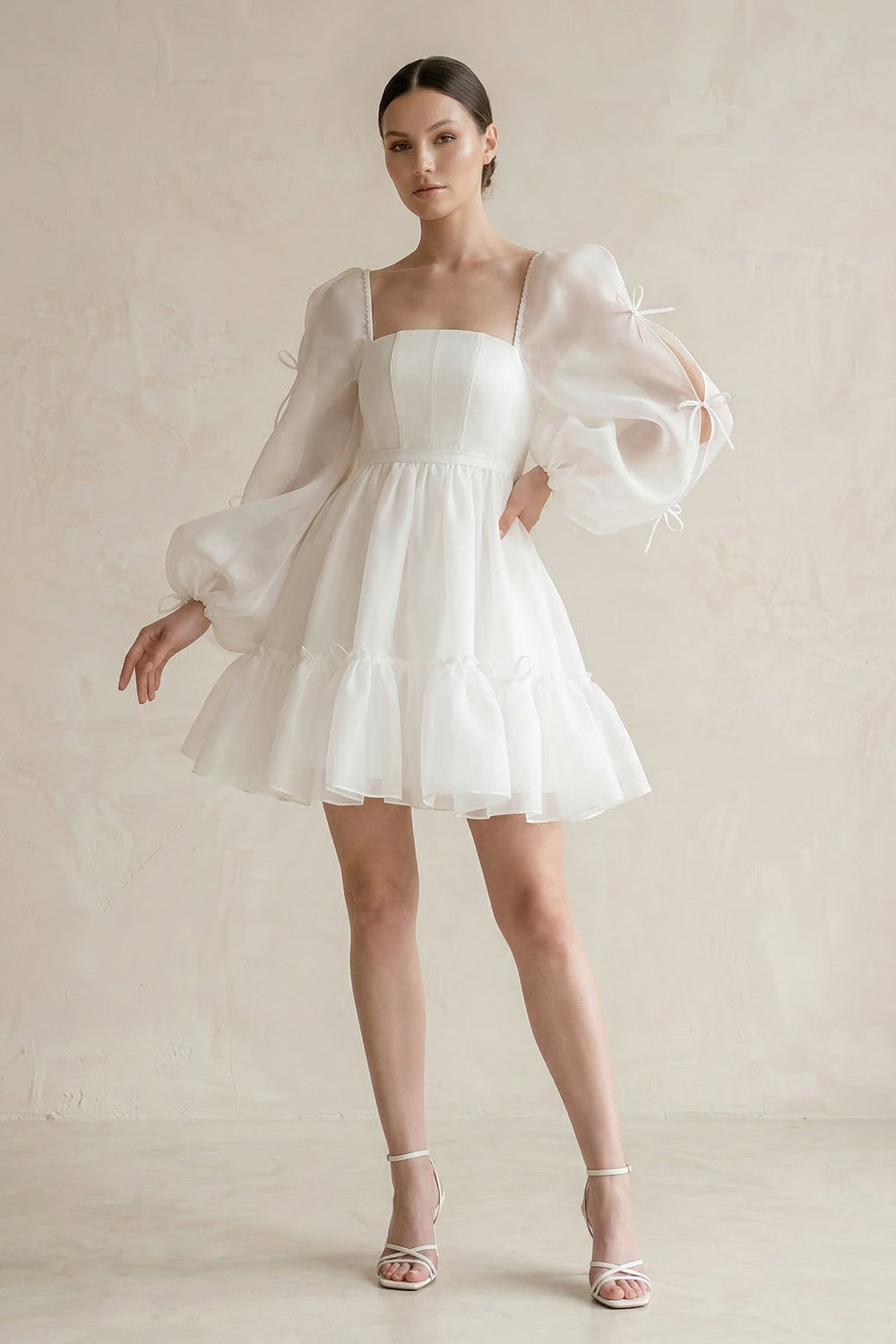 Square Neck Ruffled A - Line Long Sleeves Tulle Wedding Dress in White - KissProm Wedding Dresses