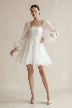 Square Neck Ruffled A - Line Long Sleeves Tulle Wedding Dress in White - KissProm Wedding Dresses
