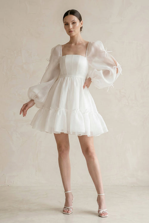 Square Neck Ruffled A - Line Long Sleeves Tulle Wedding Dress in White - KissProm Wedding Dresses