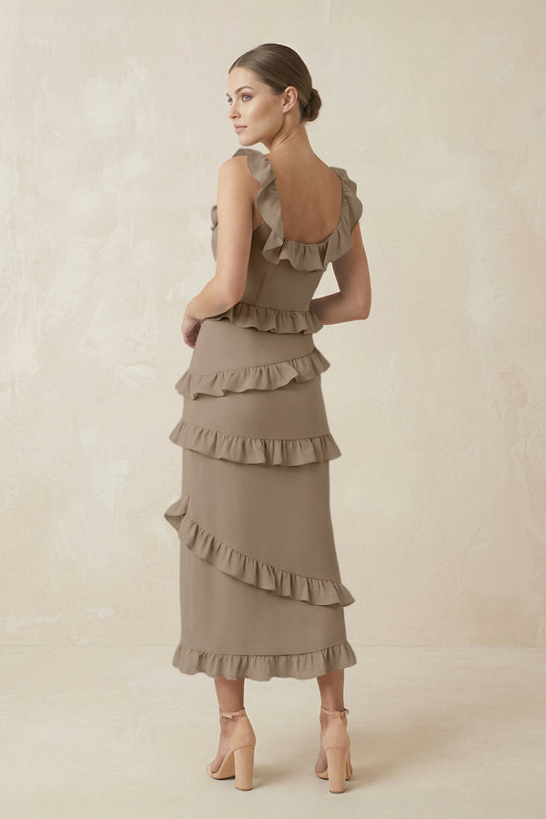 Square Neck Ruffled Sheath Satin Midi Bridesmaid Dress in Almond - KissProm Bridesmaid Dresses