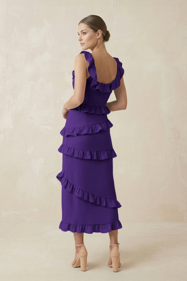 Square Neck Ruffled Sheath Satin Midi Bridesmaid Dress in Amethyst - KissProm Bridesmaid Dresses