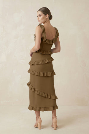 Square Neck Ruffled Sheath Satin Midi Bridesmaid Dress in Apple Cinnamon - KissProm Bridesmaid Dresses