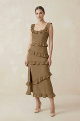 Square Neck Ruffled Sheath Satin Midi Bridesmaid Dress in Apple Cinnamon - KissProm Bridesmaid Dresses