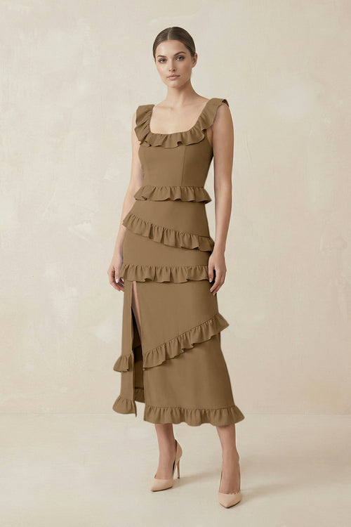 Square Neck Ruffled Sheath Satin Midi Bridesmaid Dress in Apple Cinnamon - KissProm Bridesmaid Dresses