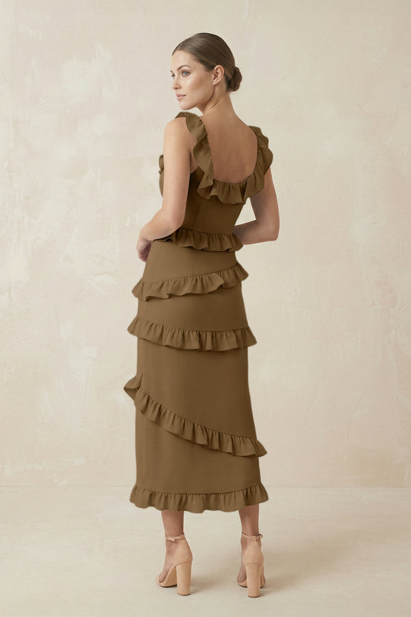 Square Neck Ruffled Sheath Satin Midi Bridesmaid Dress in Apple Cinnamon - KissProm Bridesmaid Dresses