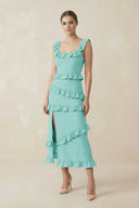 Square Neck Ruffled Sheath Satin Midi Bridesmaid Dress in Aqua - KissProm Bridesmaid Dresses
