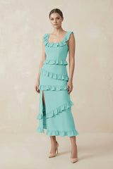 Square Neck Ruffled Sheath Satin Midi Bridesmaid Dress in Aqua - KissProm Bridesmaid Dresses